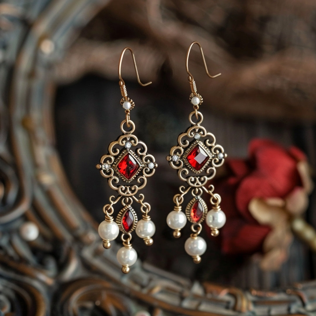 Aretes Cristal Rojo y Perlas