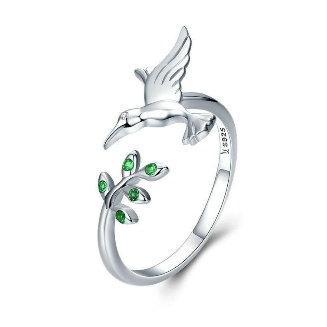 Anillo Colibrí en Plata 925 con Hojas en Circonita Verde