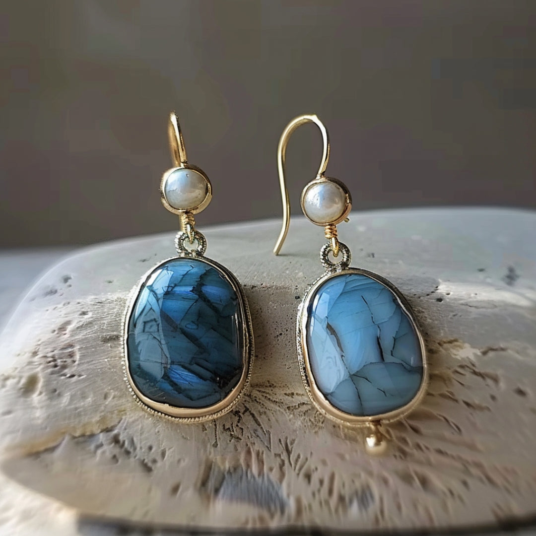 Aretes de Perlas con Piedras Azules