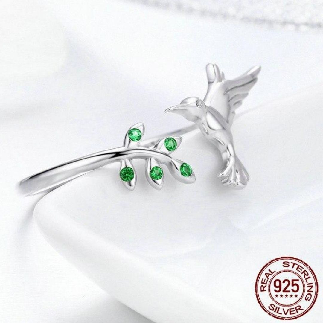 Anillo Colibrí en Plata 925 con Hojas en Circonita Verde