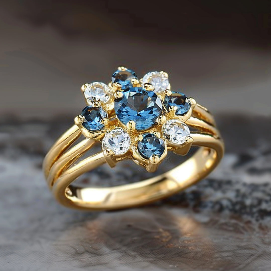 Anillo Azul Floral Dorado