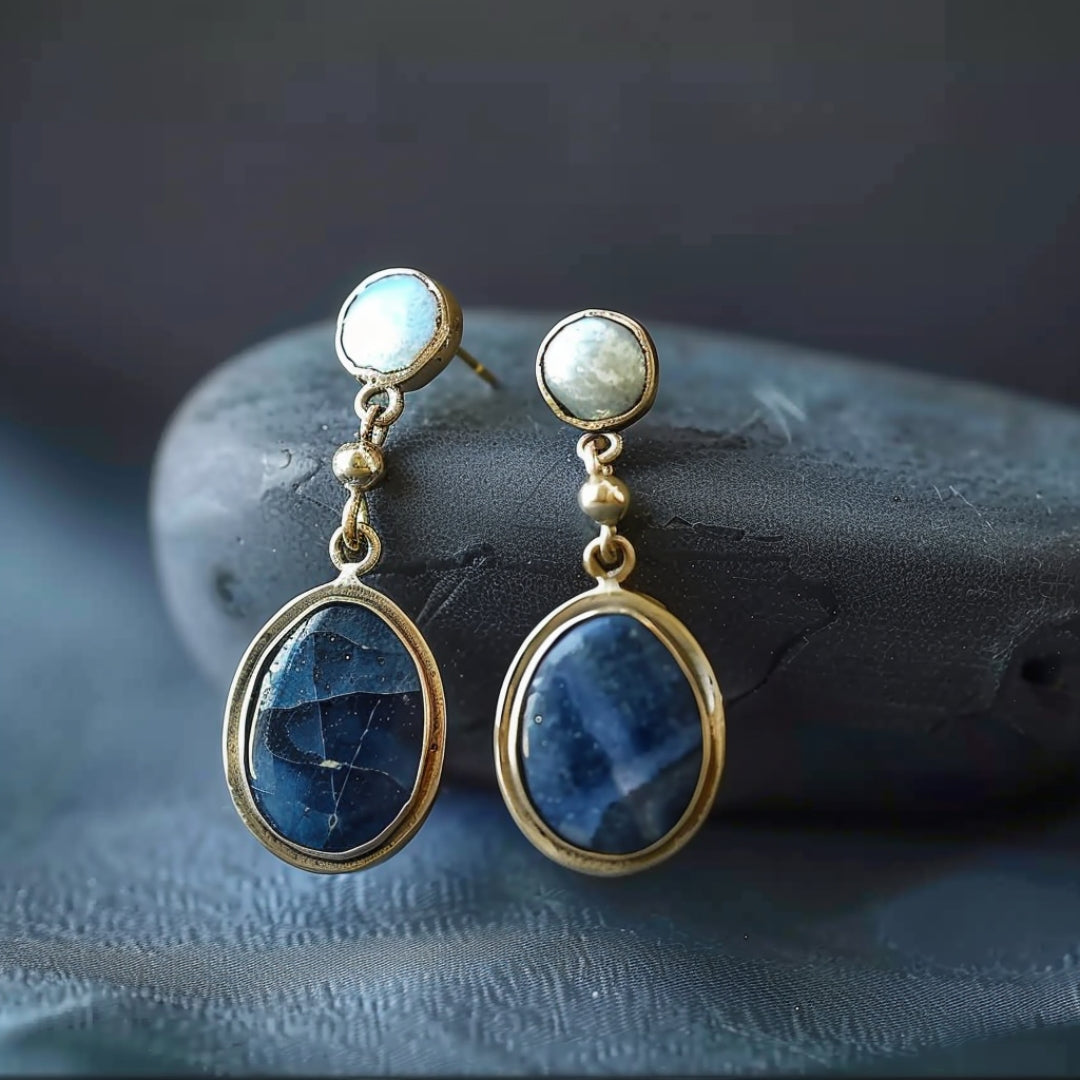 Aretes de Perlas con Piedras Incrustadas Azules