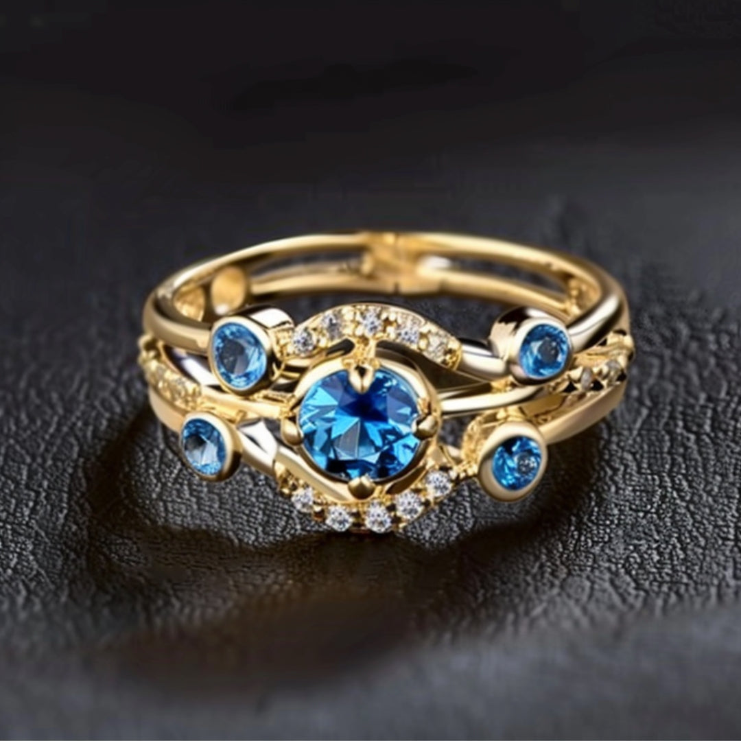 Anillo Azul Circonita Dorado