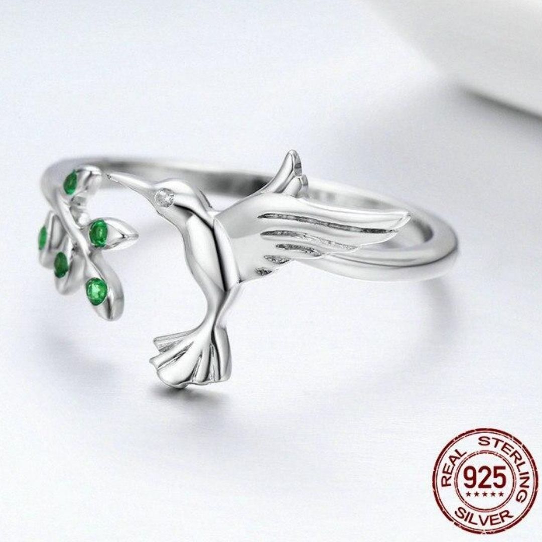 Anillo Colibrí en Plata 925 con Hojas en Circonita Verde