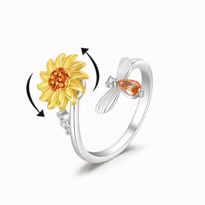 Anillo Ajustable Rotativo de Girasol en Plata