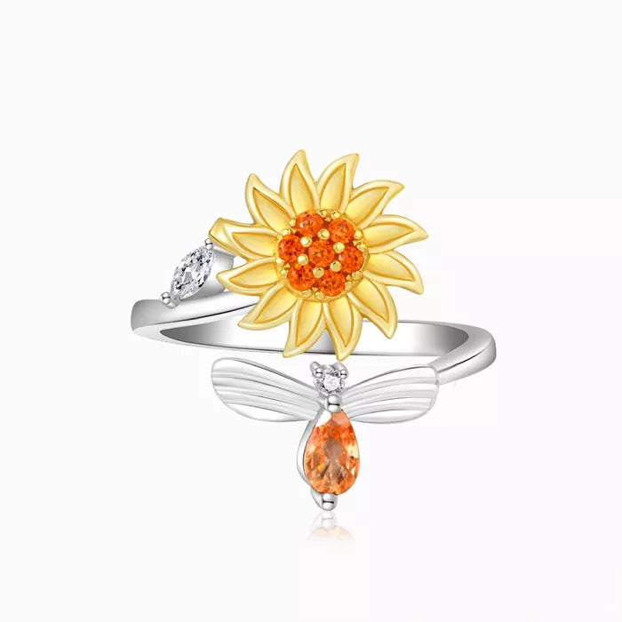 Anillo Ajustable Rotativo de Girasol en Plata