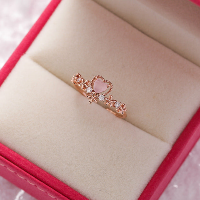 Anillo Ajustable Corazón Rosa con Circonitas en Oro