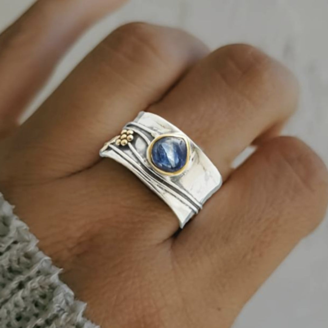 Anillo Boho con Cristal Azul en Plata