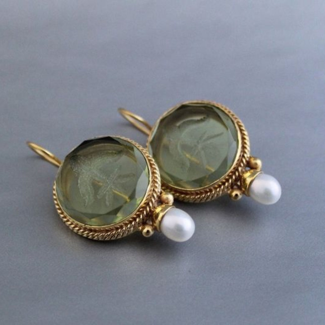 Aretes Cristal Verde Redondo con Piedras Vintage