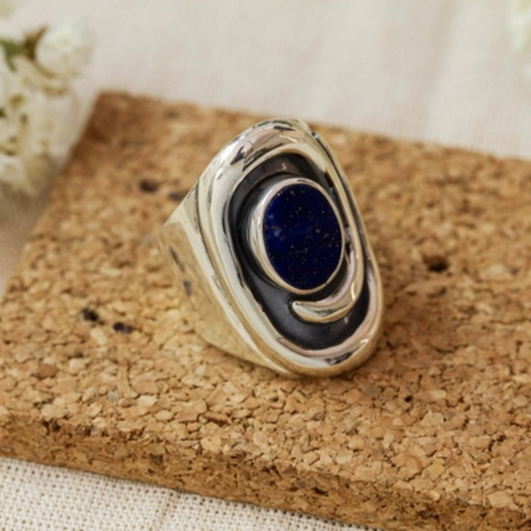 Anillo Cristal Azul Oscuro Vintage en Plata