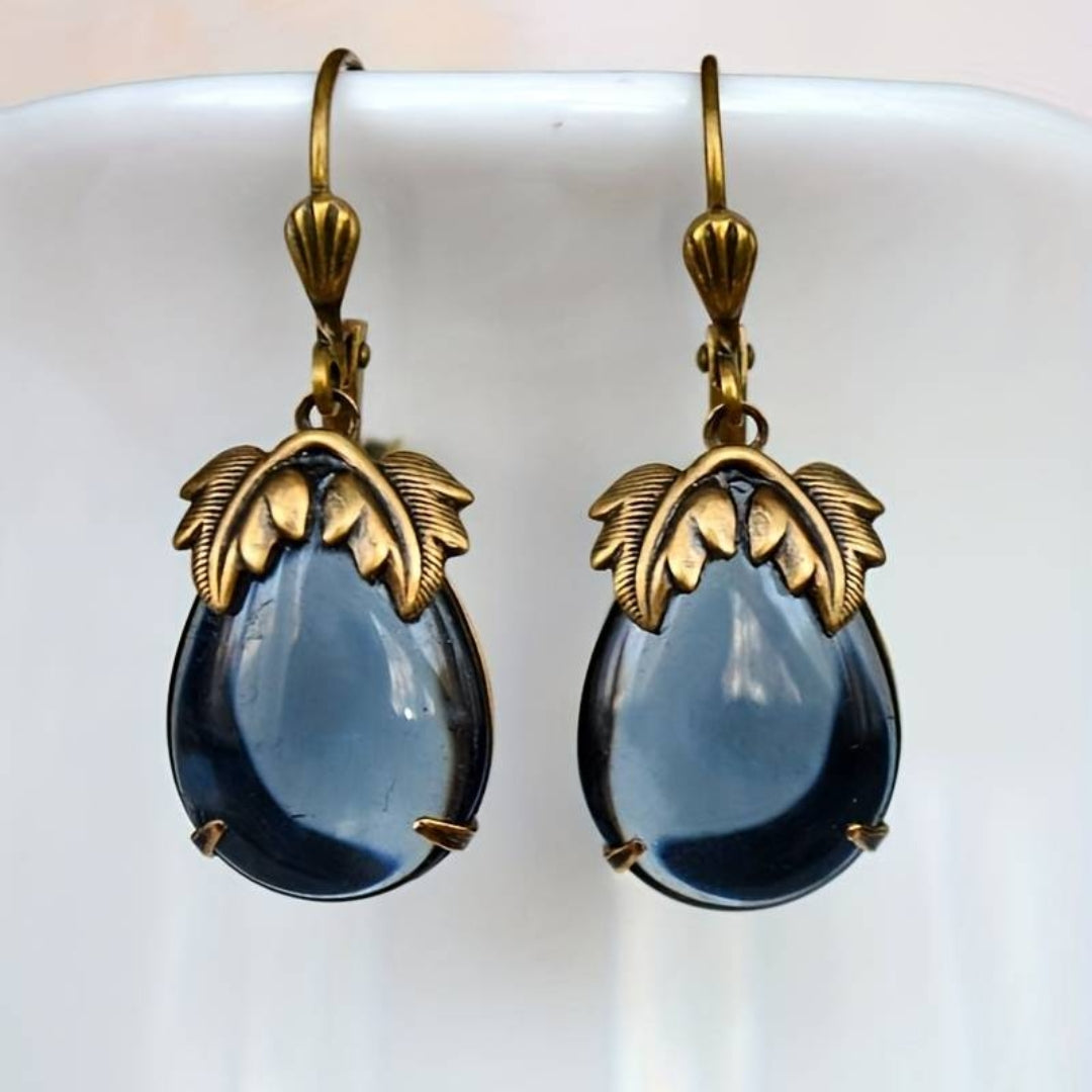 Aretes de Oro con Gota de Cristal Azul Vintage