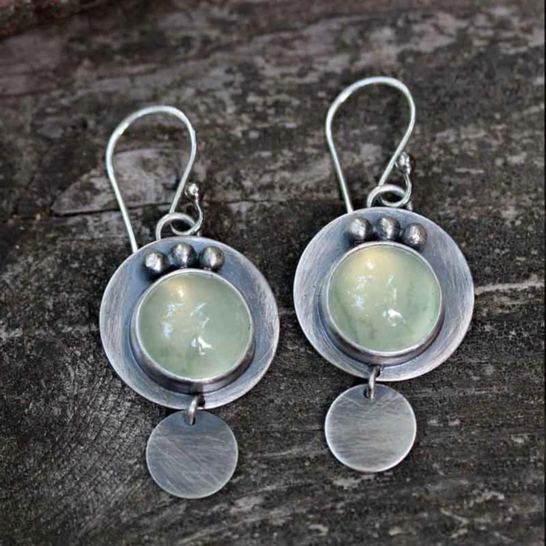 Aretes Vintage Cristal Lunar Verde en Plata