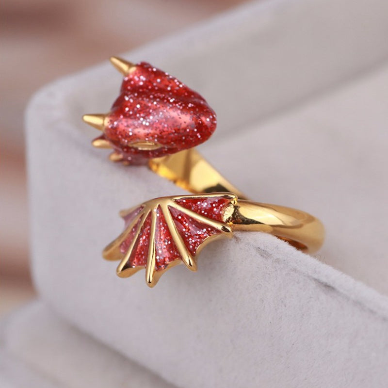 Anillo Ajustable Dragón con Esmalte Rojo Pintado a Mano en Oro