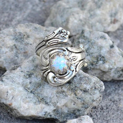 Anillo Ajustable de Ópalo Fuego Blanco en Plata