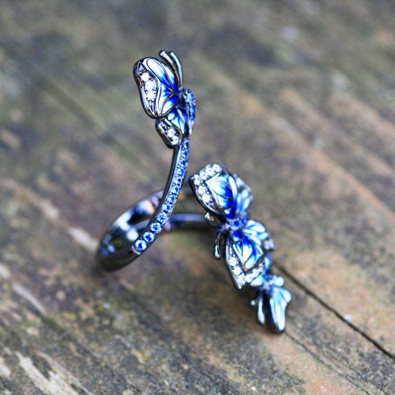 Anillo Mariposa de Cristal Azul