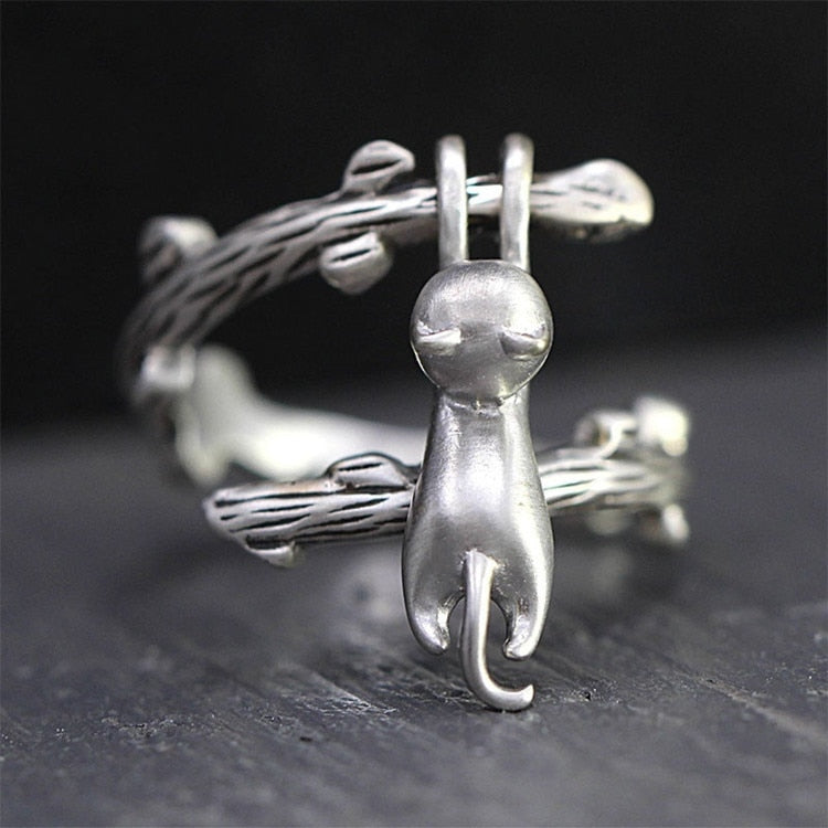 Anillo Gato Trepador en Plata Envejecida