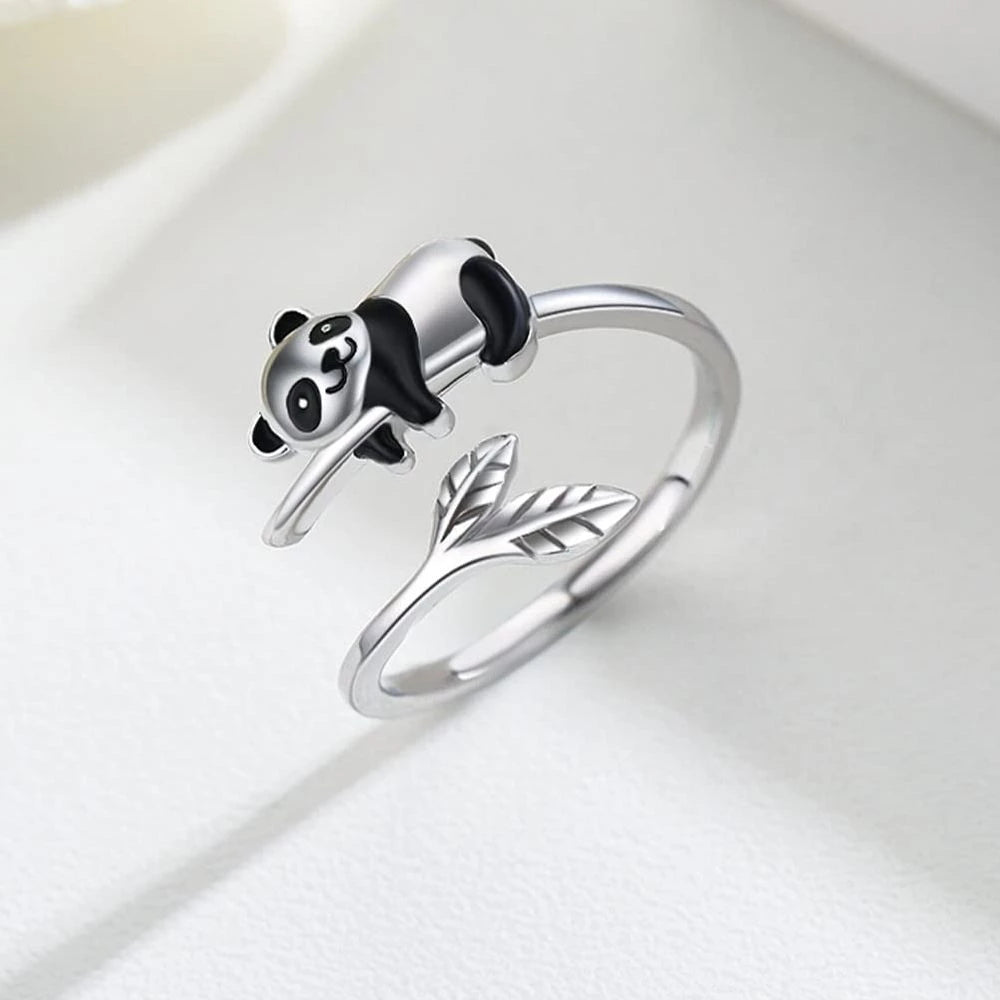 Anillo Ajustable de Panda Bonito en Plata 925