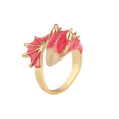 Anillo Ajustable Dragón con Esmalte Rosa Pintado a Mano en Oro