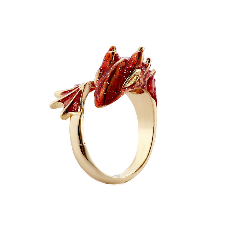 Anillo Ajustable Dragón con Esmalte Rojo Pintado a Mano en Oro