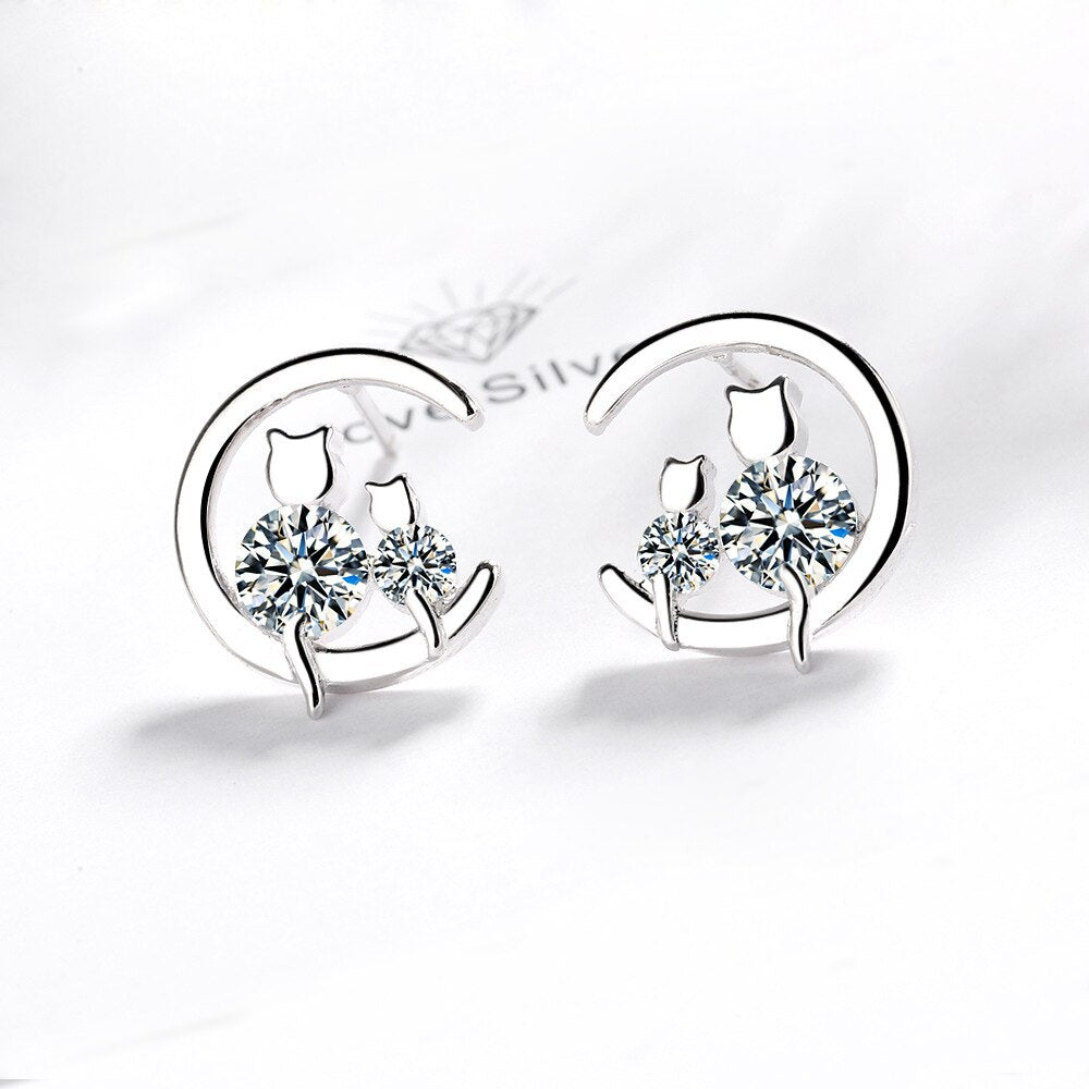 Pendientes De Gatitos con Circonitas en Plata