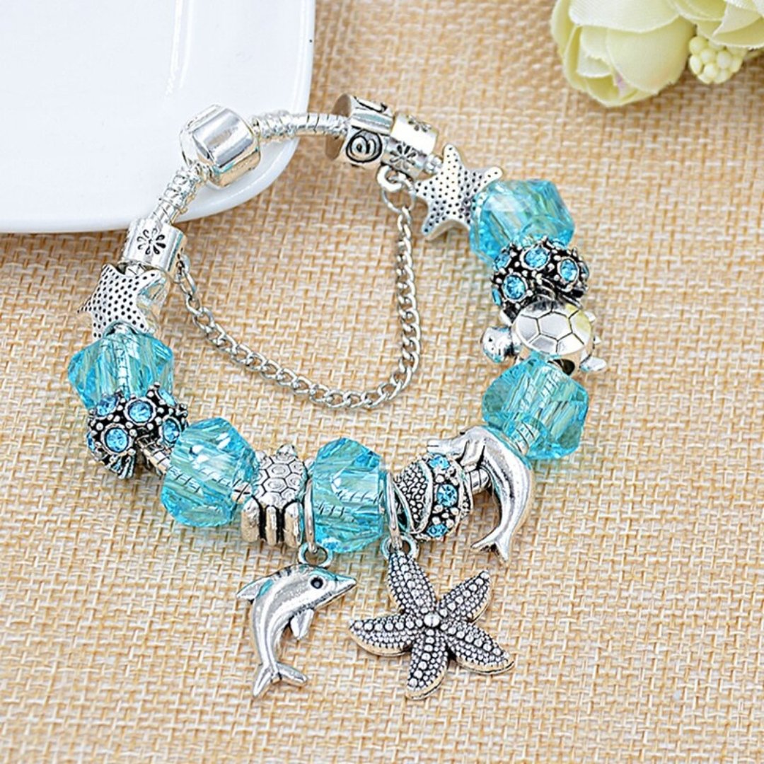 Pulsera Mar Mediterráneo + Charms + Cadena de seguridad en Plata