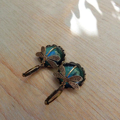 Pendientes de Libélula con Cristal Azul en Oro Antiguo