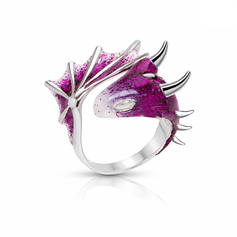 Anillo Ajustable Dragón con Esmalte Morado Pintado a Mano en Plata