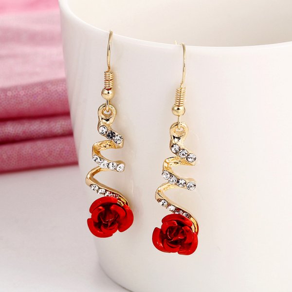 Pendientes Rosa Roja con Circonitas en Oro