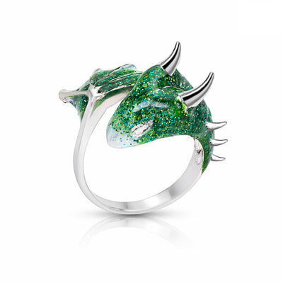 Anillo Ajustable Dragón con Esmalte Verde Pintado a Mano en Plata y Oro