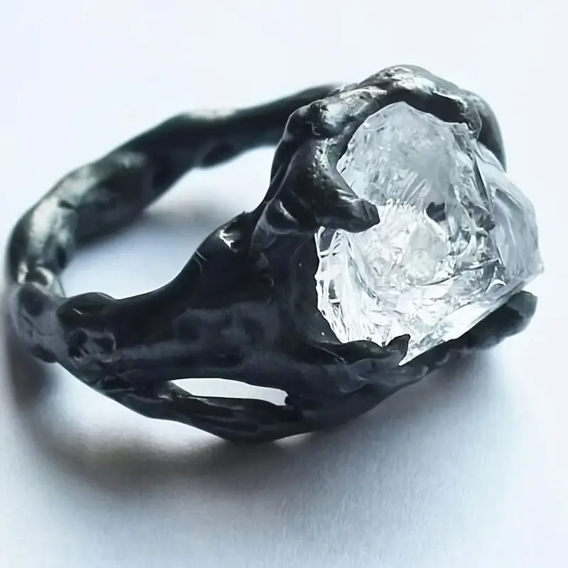 Anillo Piedra Cristal Blanca Vintage en Plata Oscura