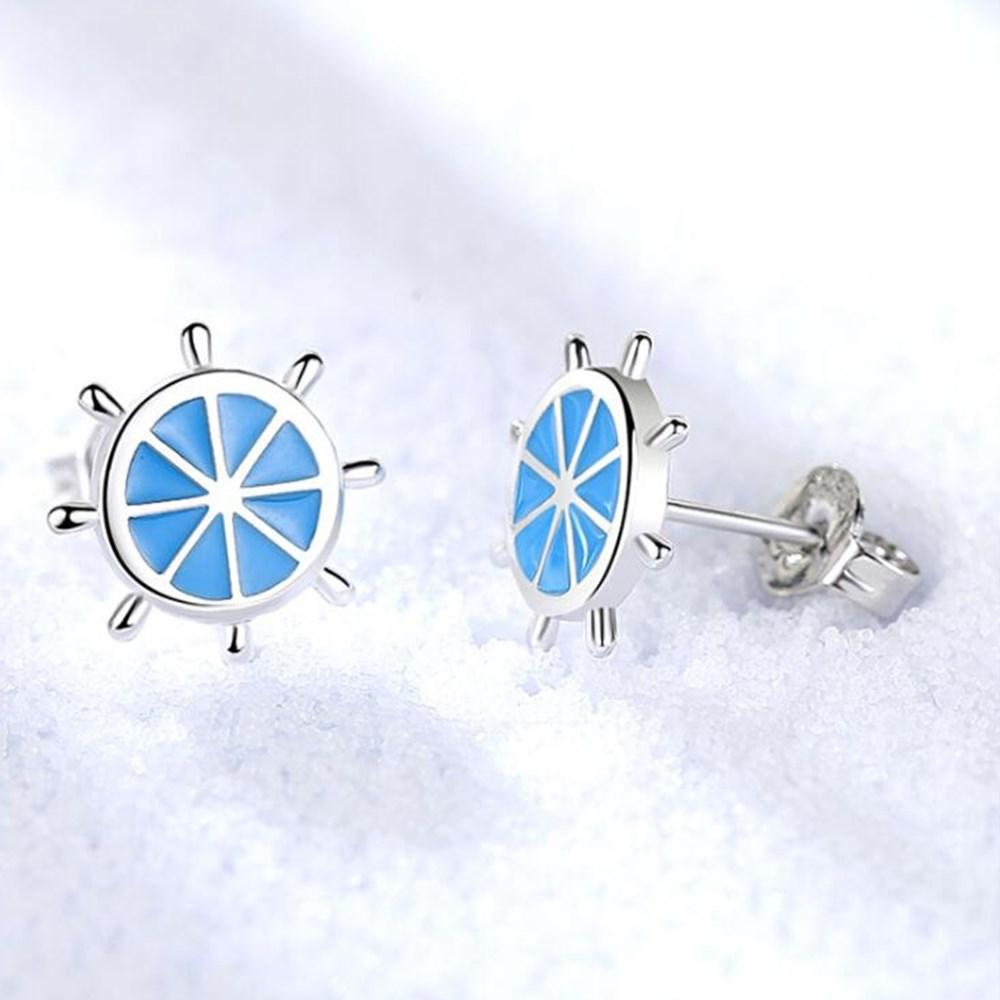 Aretes Timón en Plata y Esmalte Azul Pintado a Mano